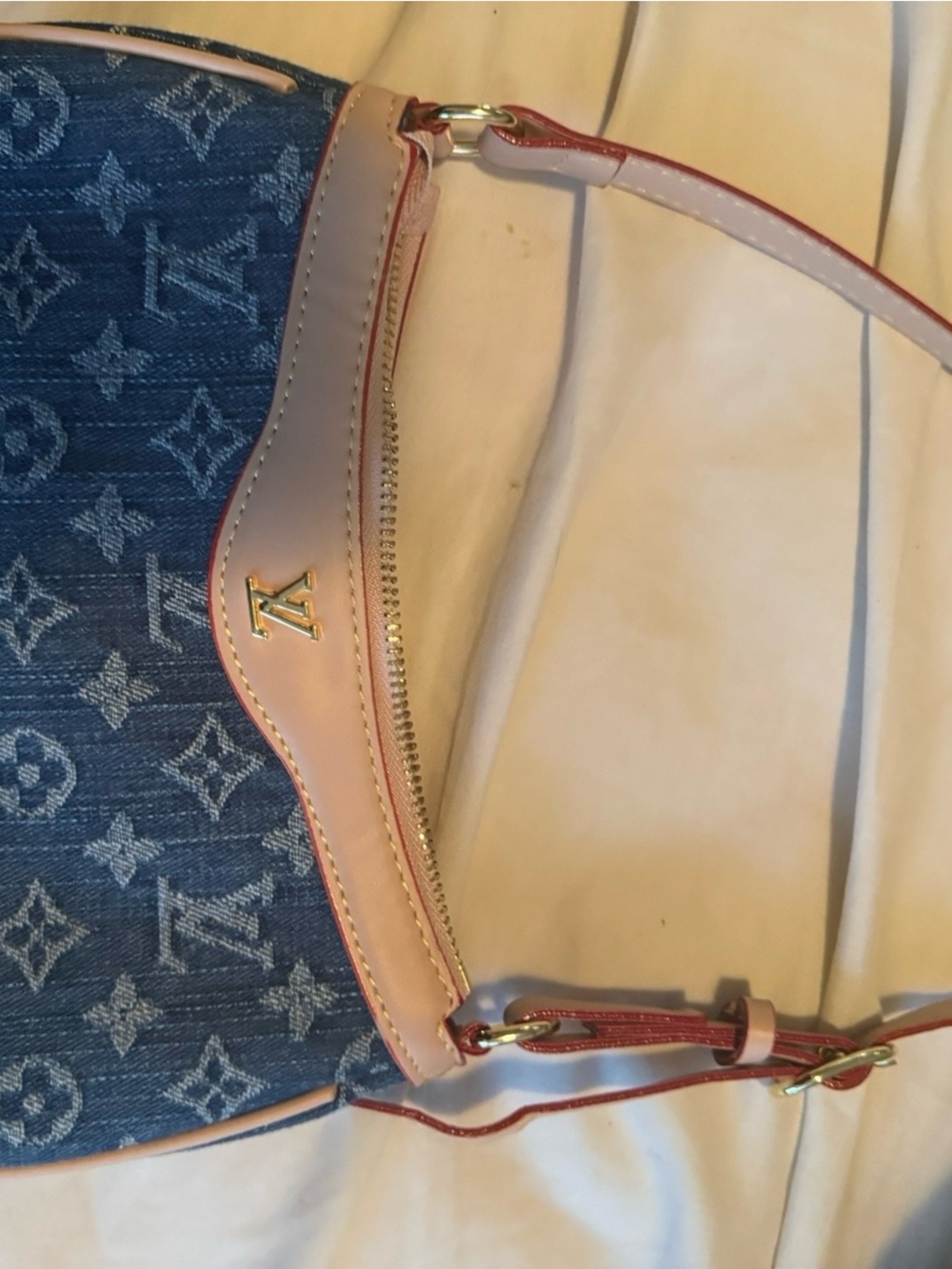 Monogram Denim Shoulder Bag with Pink Trim and Gold Hardware